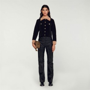 Sandro Cropped velour knit coatigan Black | SN-SDO64591