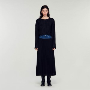 Sandro Long pleated denim skirt Black | SN-SDO64693