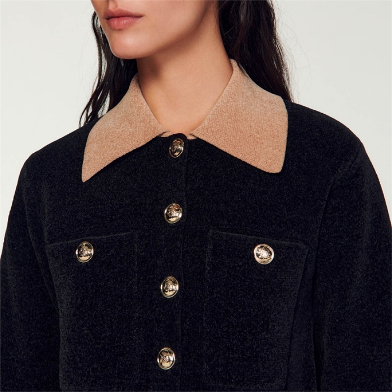 Sandro Cropped velour knit coatigan Black | SN-SDO64591