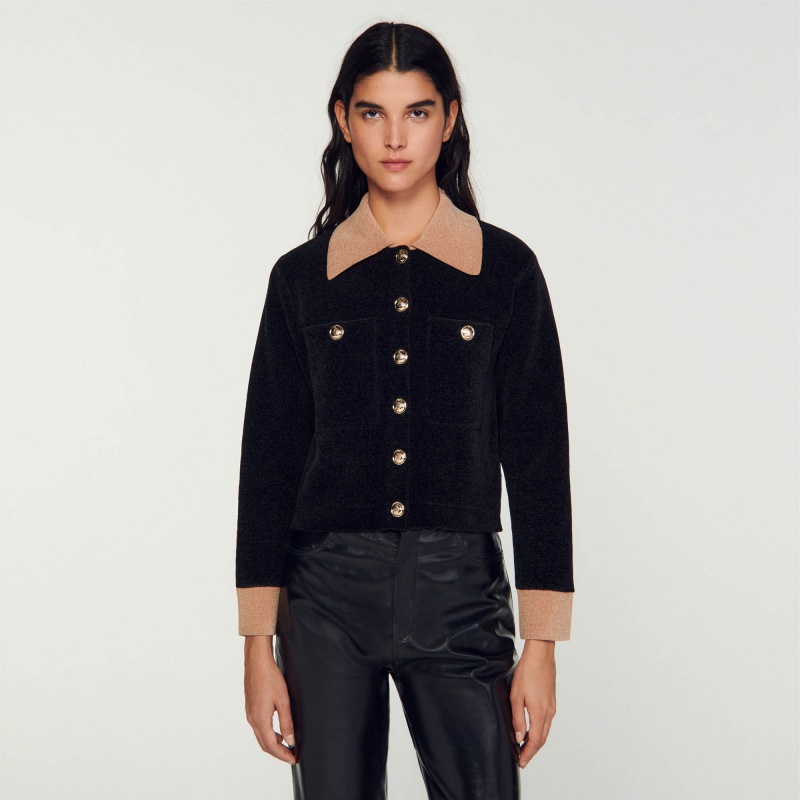 Sandro Cropped velour knit coatigan Black | SN-SDO64591