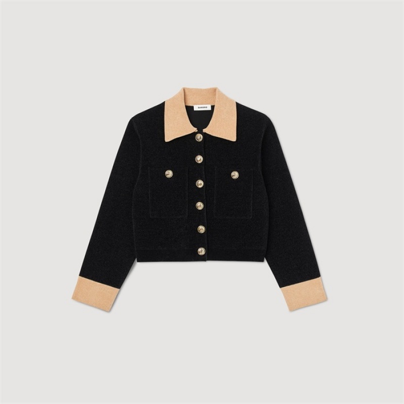 Sandro Cropped velour knit coatigan Black | SN-SDO64591