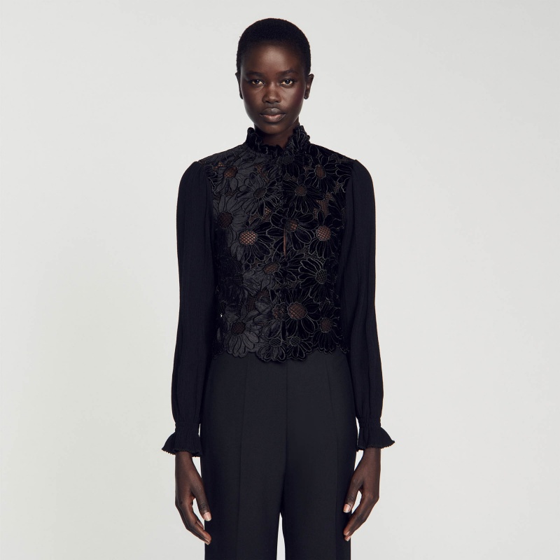 Sandro Floral guipure top Black | SN-SDO64370
