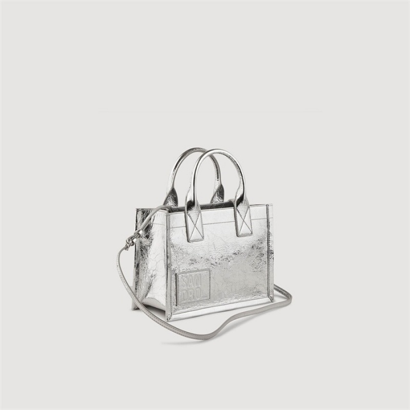Sandro Kasbah small metallic leather tote bag Silver | SN-SDO64910