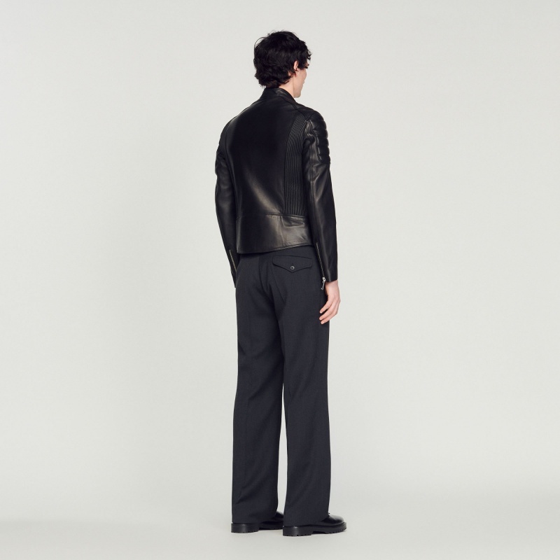 Sandro Leather jacket with quilted trims Black | SN-SDO65147