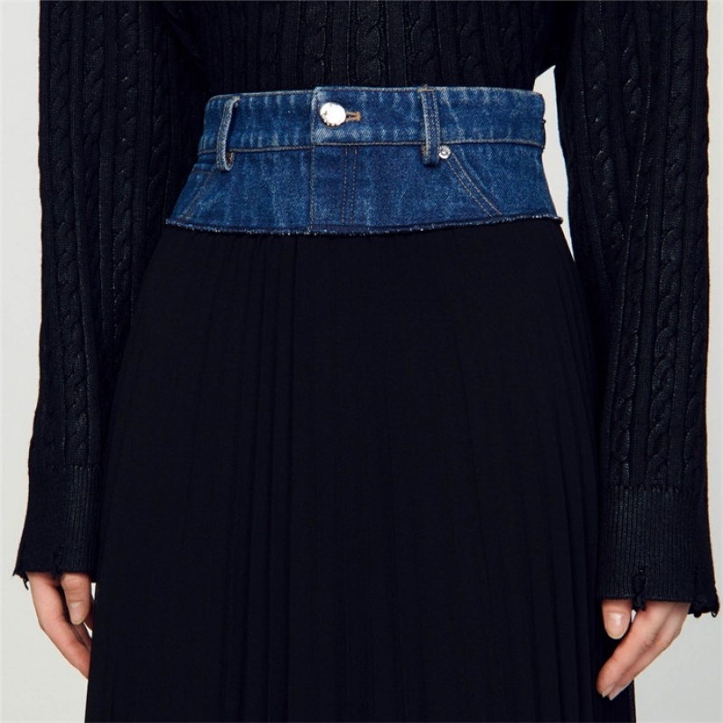 Sandro Long pleated denim skirt Black | SN-SDO64693