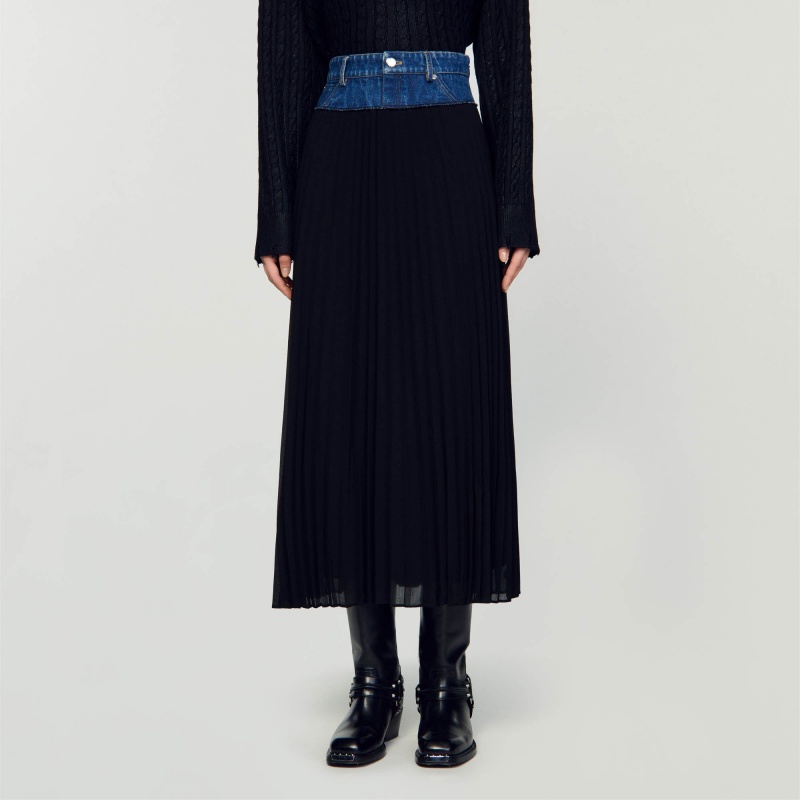 Sandro Long pleated denim skirt Black | SN-SDO64693