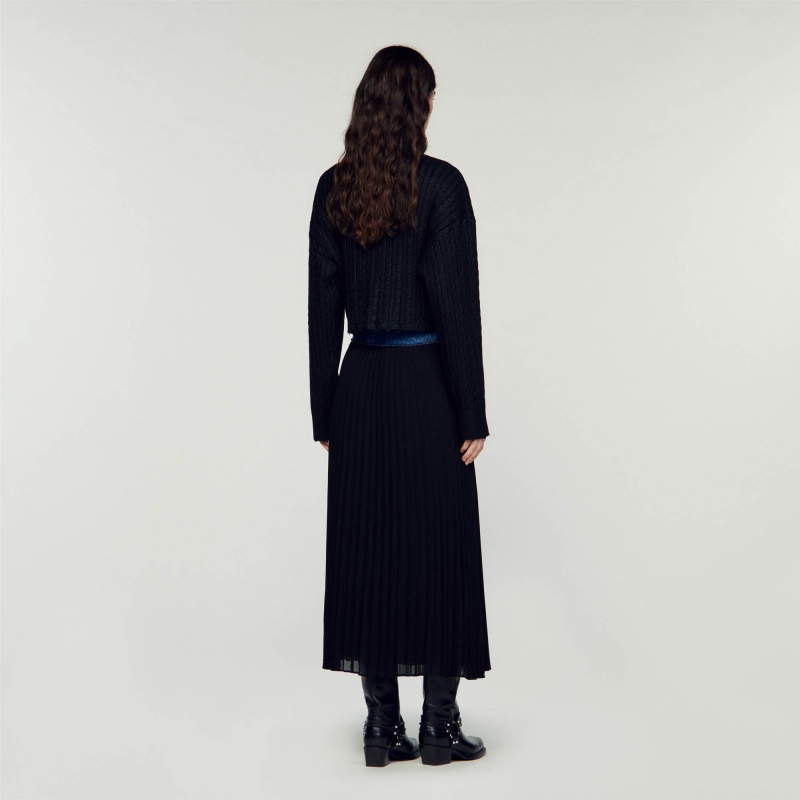 Sandro Long pleated denim skirt Black | SN-SDO64693