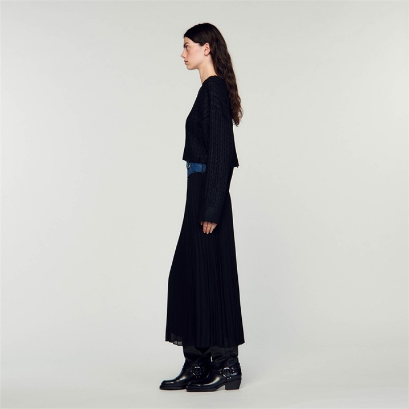 Sandro Long pleated denim skirt Black | SN-SDO64693