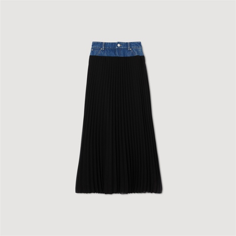 Sandro Long pleated denim skirt Black | SN-SDO64693