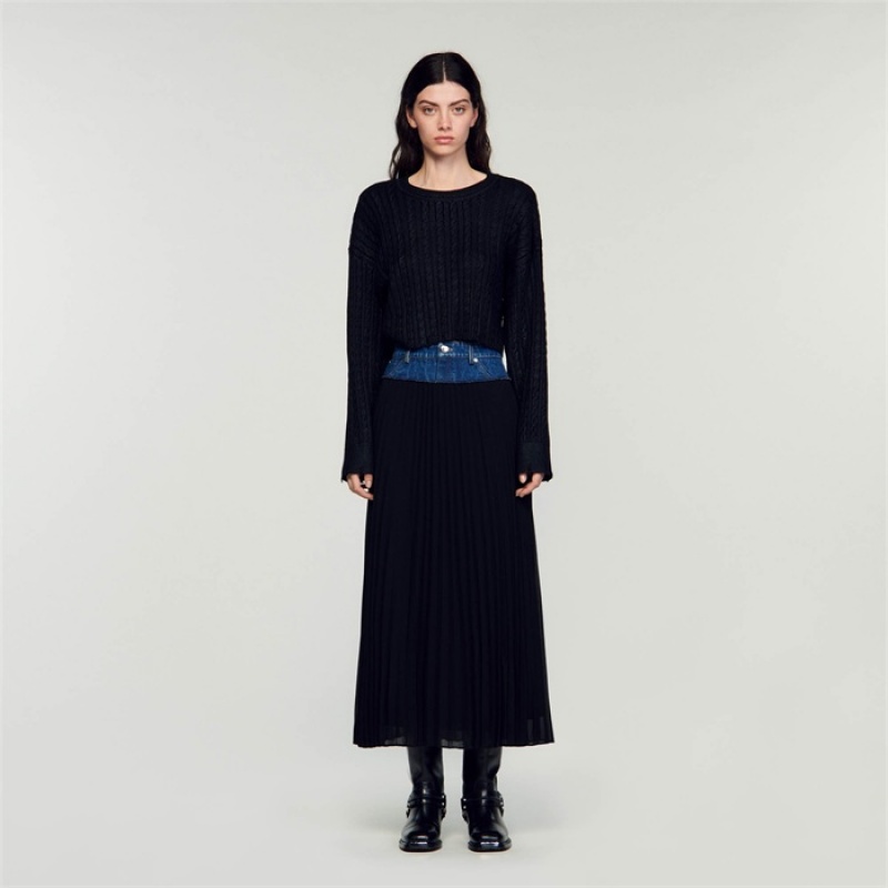 Sandro Long pleated denim skirt Black | SN-SDO64693