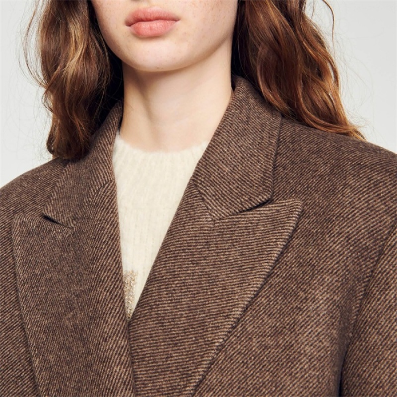 Sandro Long-sleeved button coat Chocolate | SN-SDO64508