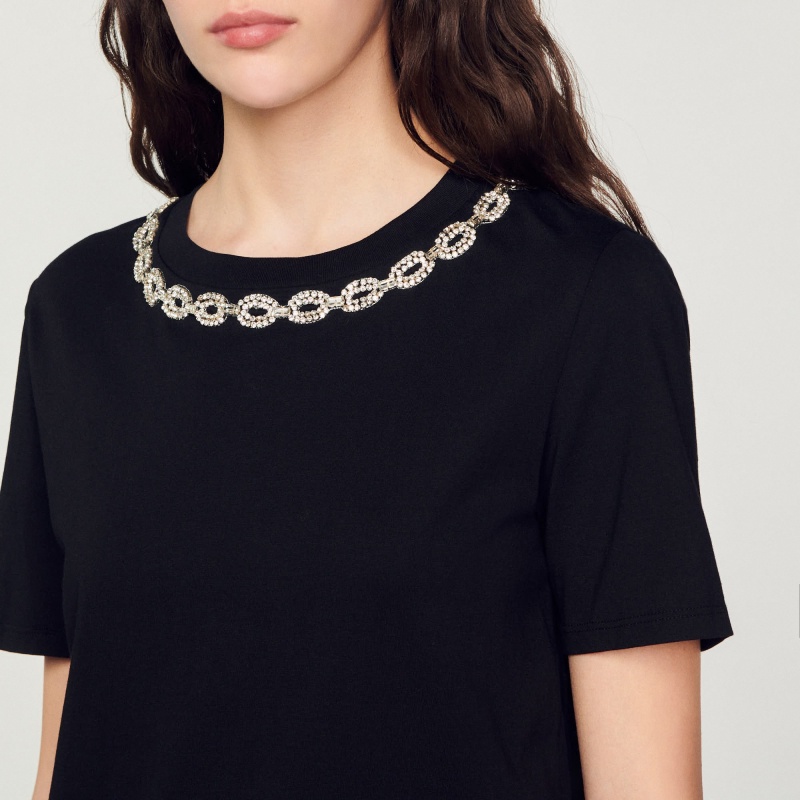 Sandro Organic cotton jewelled collar T-shirt Black | SN-SDO64414