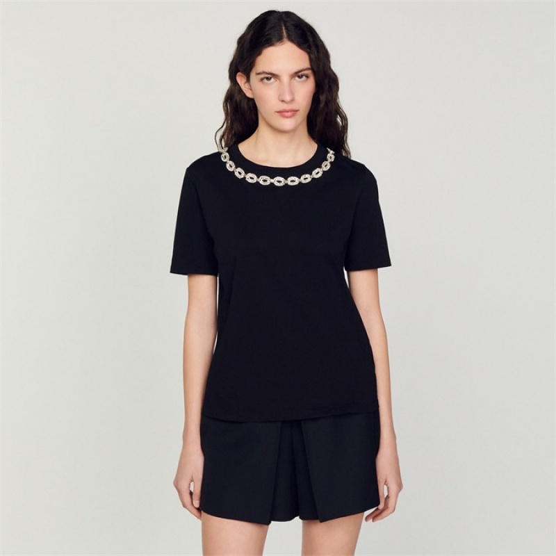 Sandro Organic cotton jewelled collar T-shirt Black | SN-SDO64414