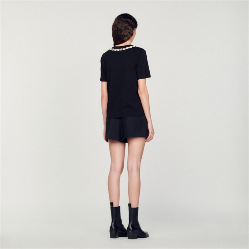 Sandro Organic cotton jewelled collar T-shirt Black | SN-SDO64414