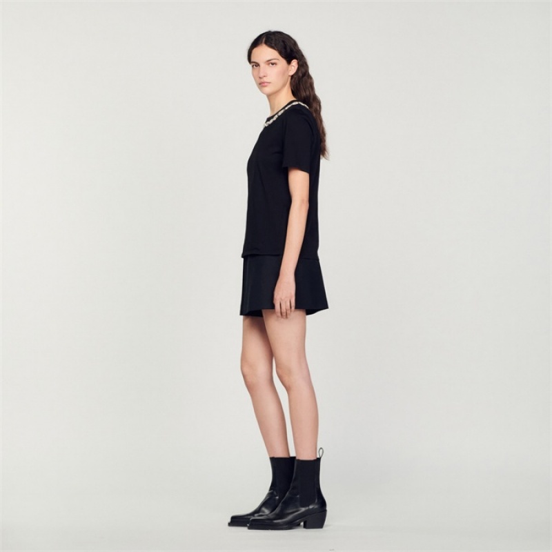 Sandro Organic cotton jewelled collar T-shirt Black | SN-SDO64414