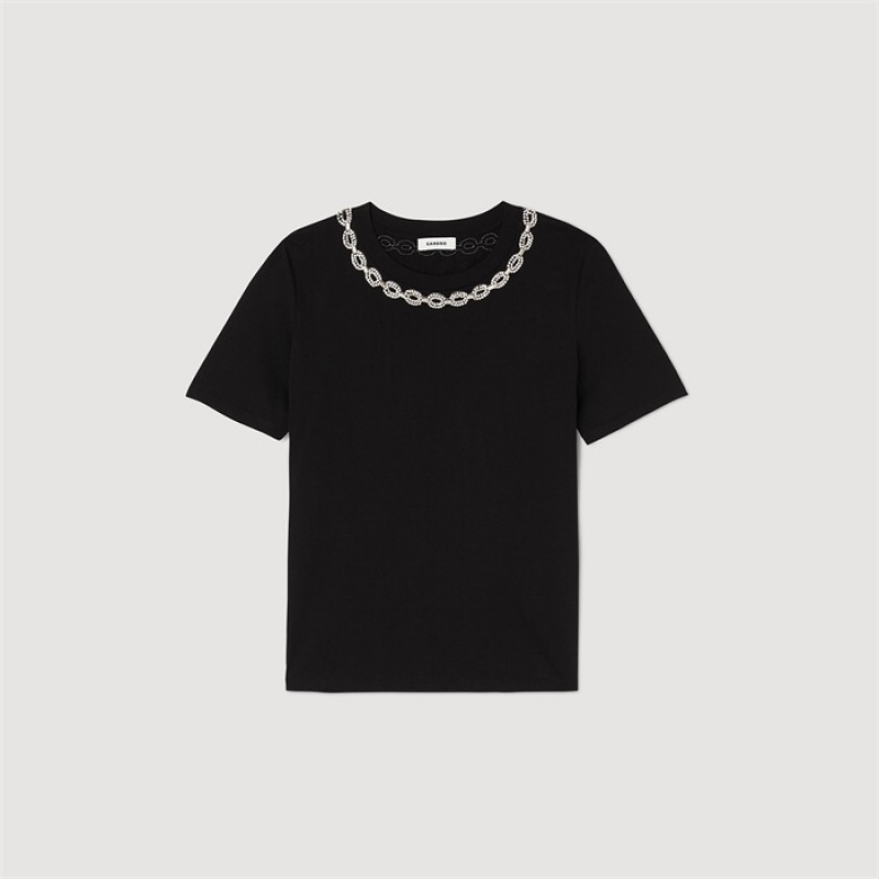 Sandro Organic cotton jewelled collar T-shirt Black | SN-SDO64414