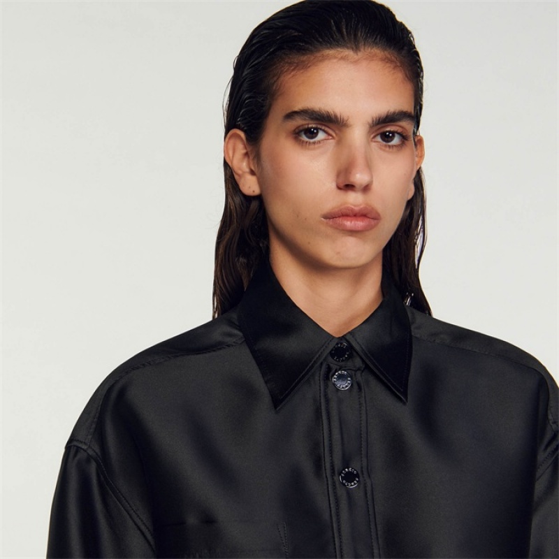 Sandro Oversized satin-effect shirt Black | SN-SDO64336
