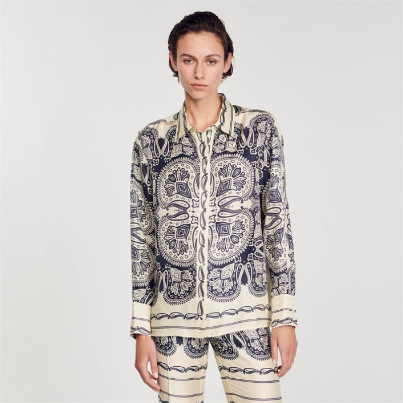 Sandro Patterned silk shirt Beige / Navy | SN-SDO64395