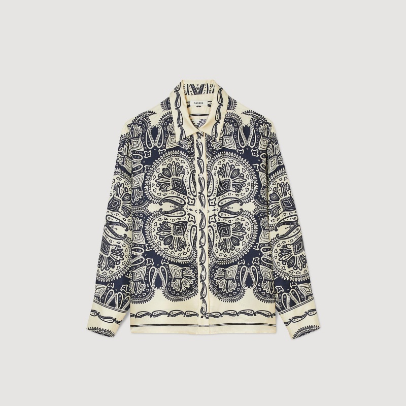 Sandro Patterned silk shirt Beige / Navy | SN-SDO64395