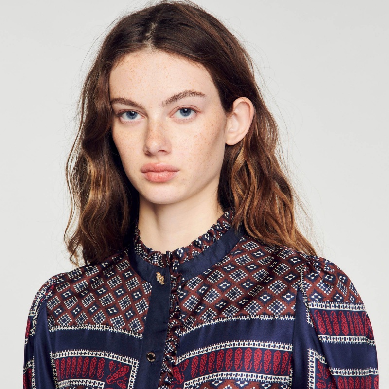Sandro Patterned silk shirt Marron / Bleu | SN-SDO64369