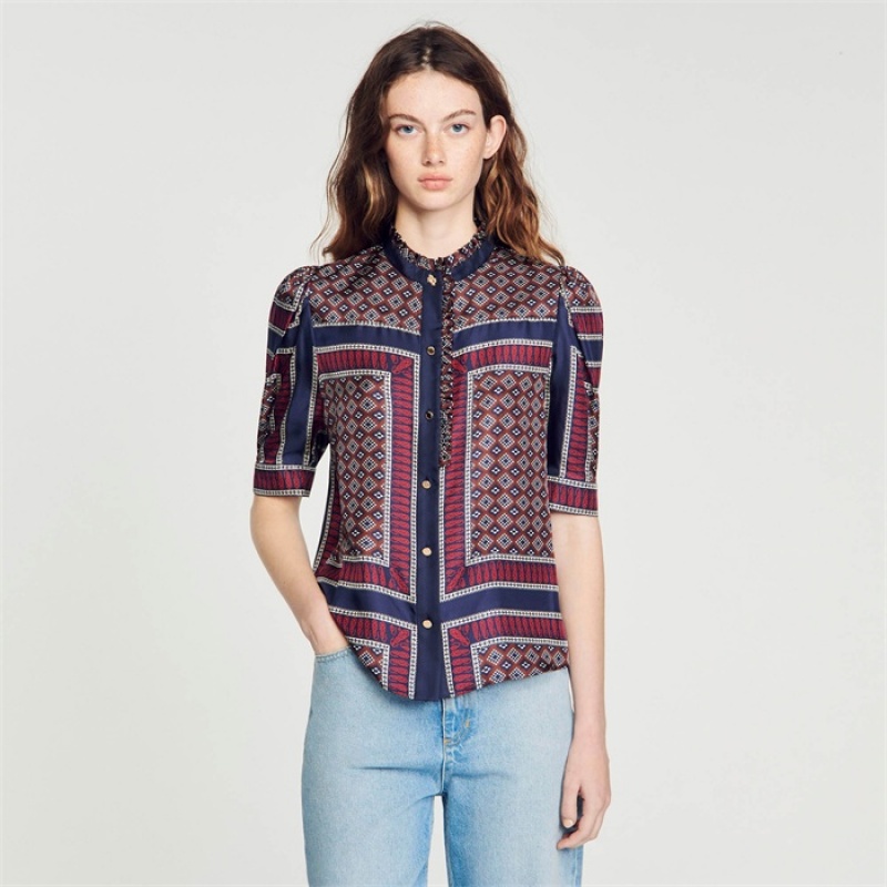 Sandro Patterned silk shirt Marron / Bleu | SN-SDO64369