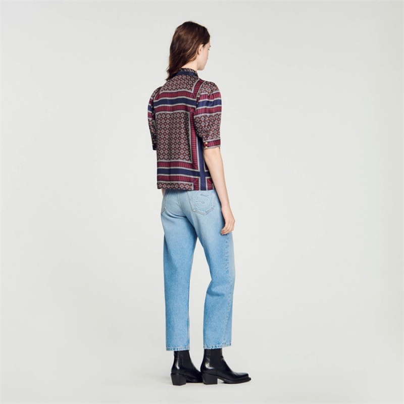 Sandro Patterned silk shirt Marron / Bleu | SN-SDO64369