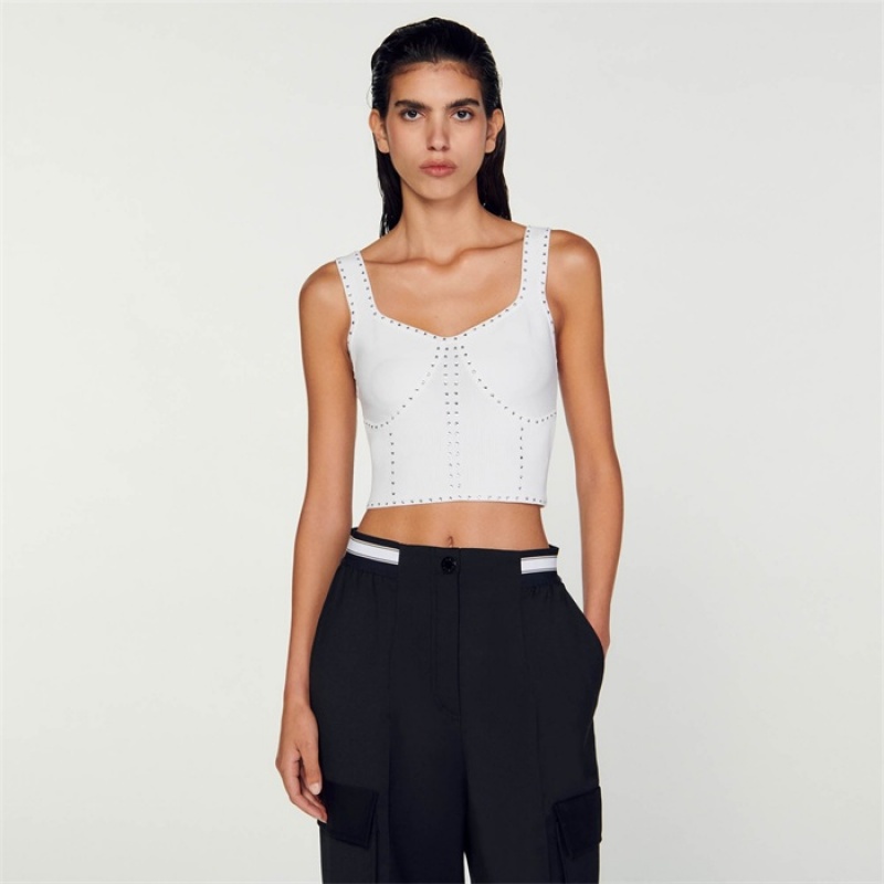 Sandro Rhinestone knit cropped top White | SN-SDO64355
