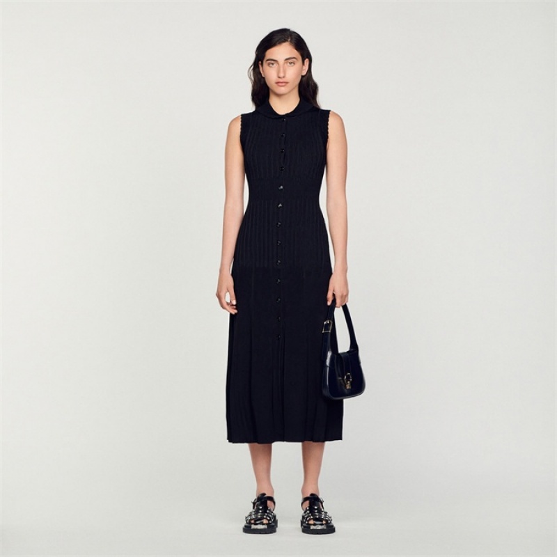 Sandro Ribbed maxi dress Black | SN-SDO64210