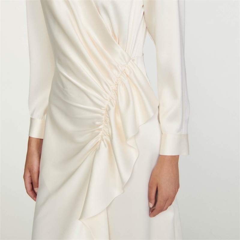 Sandro Ruffled satin-effect dress Ecru | SN-SDO64217