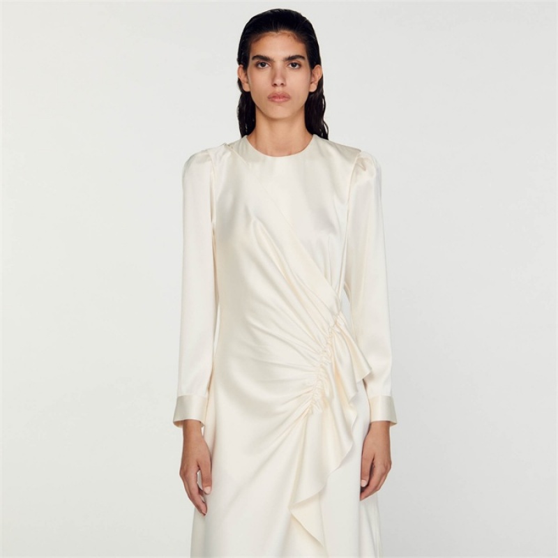 Sandro Ruffled satin-effect dress Ecru | SN-SDO64217