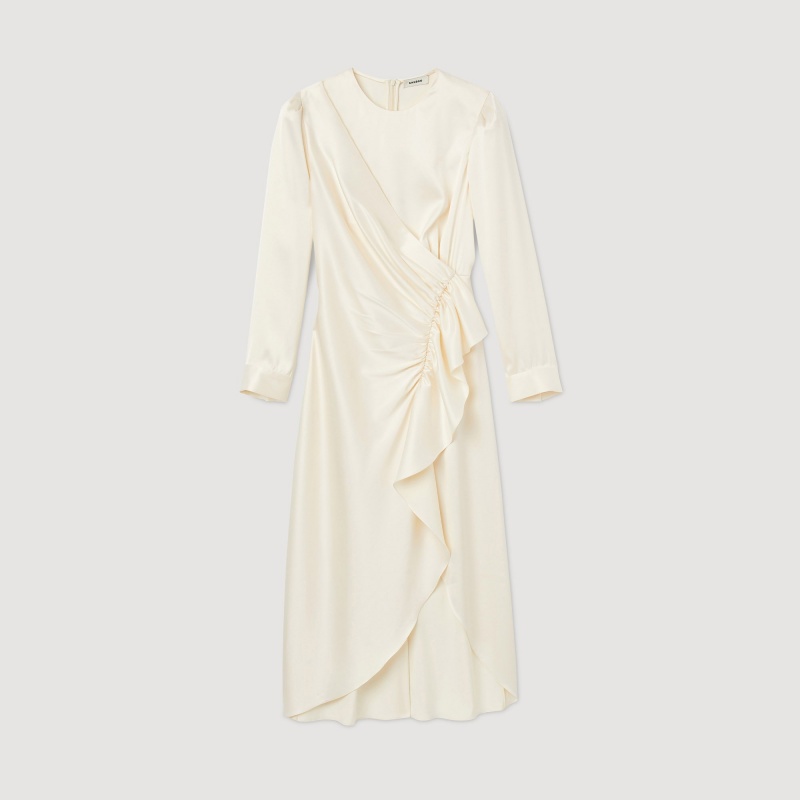 Sandro Ruffled satin-effect dress Ecru | SN-SDO64217