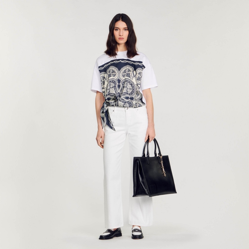 Sandro Scarf print T-shirt Deep Blue / Beige | SN-SDO64424