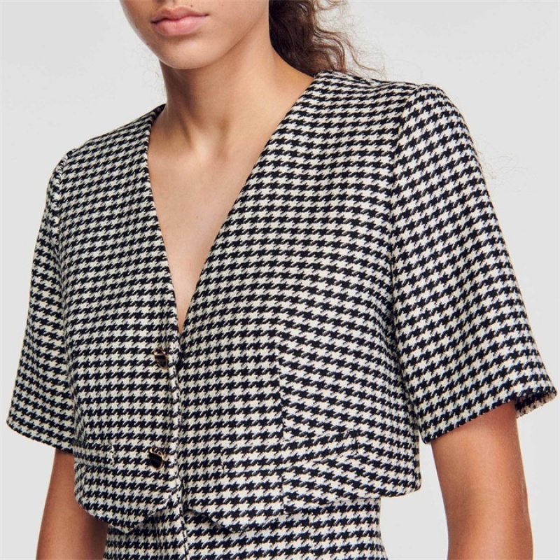 Sandro Short houndstooth tweed dress Black / White | SN-SDO64197