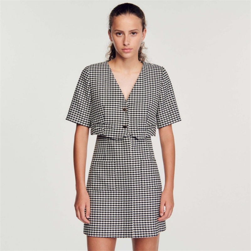 Sandro Short houndstooth tweed dress Black / White | SN-SDO64197