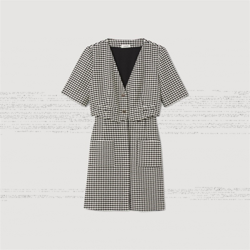 Sandro Short houndstooth tweed dress Black / White | SN-SDO64197