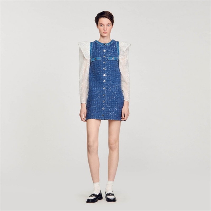 Sandro Short tweed trapeze dress Blue | SN-SDO64289