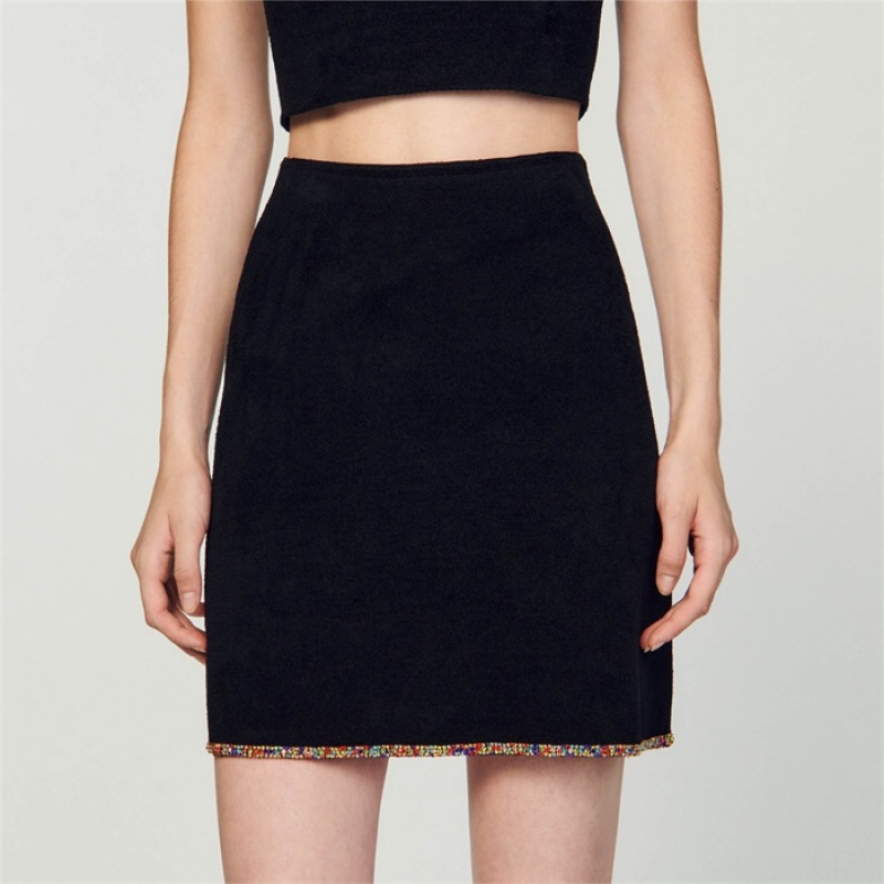 Sandro Short velvet knit skirt Black | SN-SDO64716