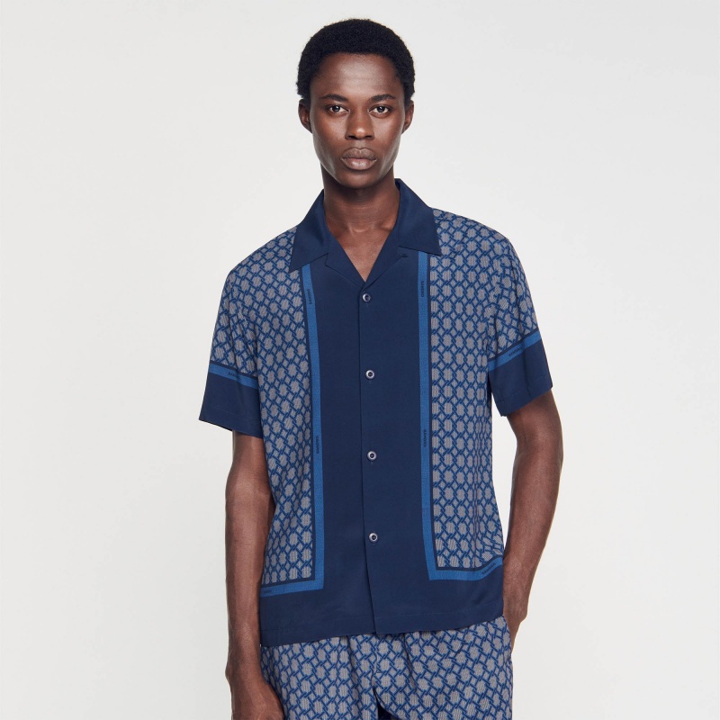 Sandro Short-sleeved patterned shirt Navy Blue | SN-SDO65079