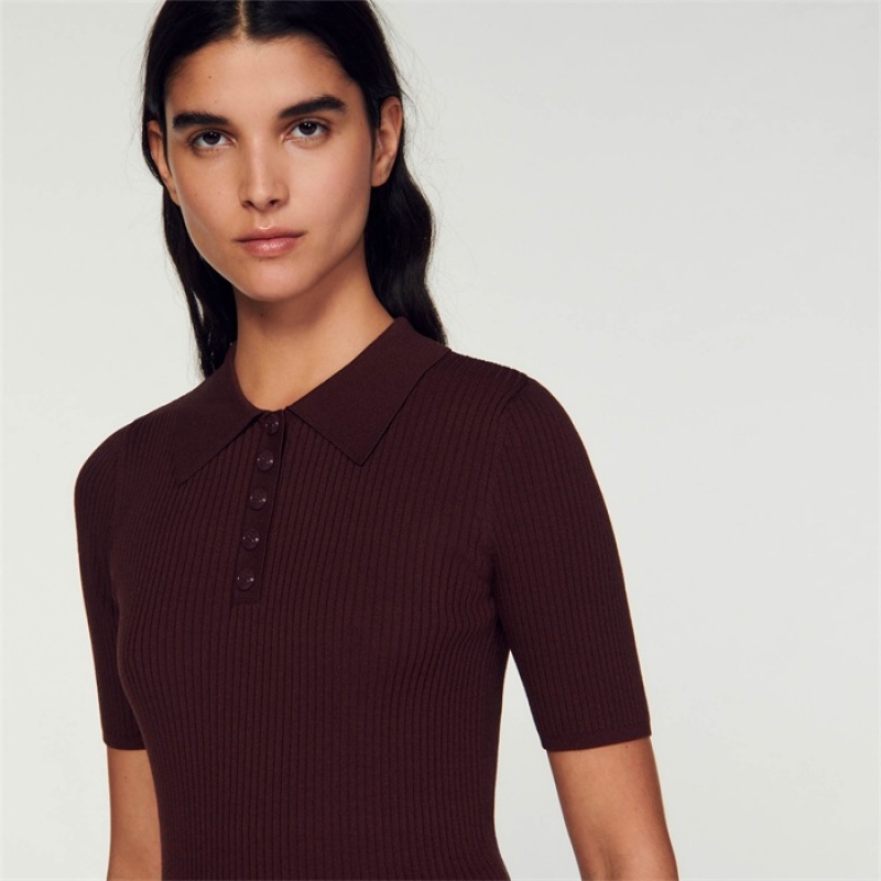 Sandro Short-sleeved polo neck sweater Bordeaux | SN-SDO64639