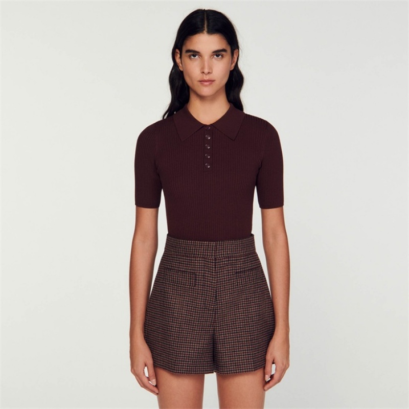 Sandro Short-sleeved polo neck sweater Bordeaux | SN-SDO64639
