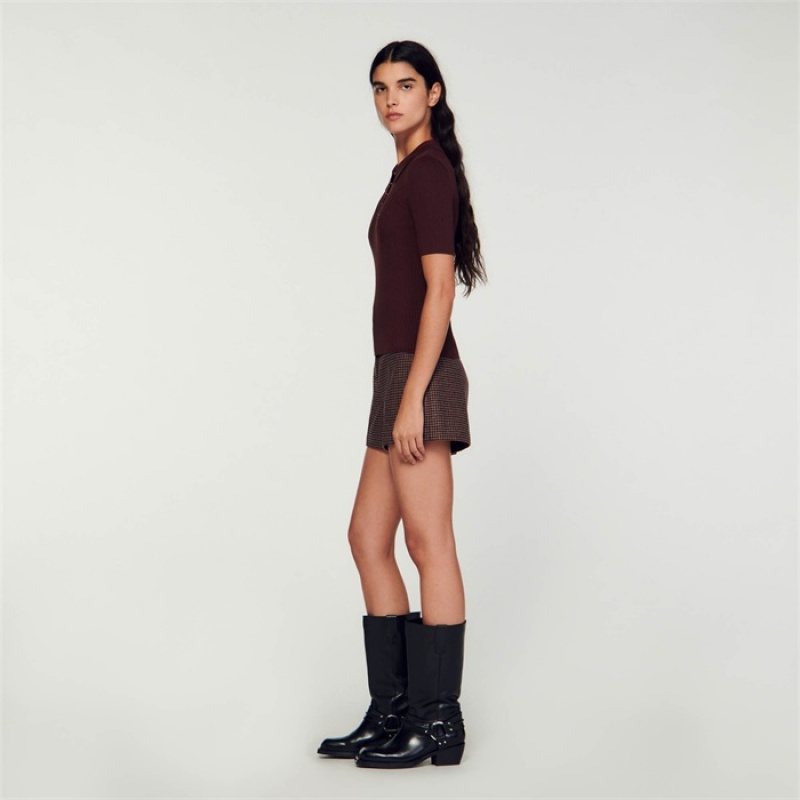 Sandro Short-sleeved polo neck sweater Bordeaux | SN-SDO64639