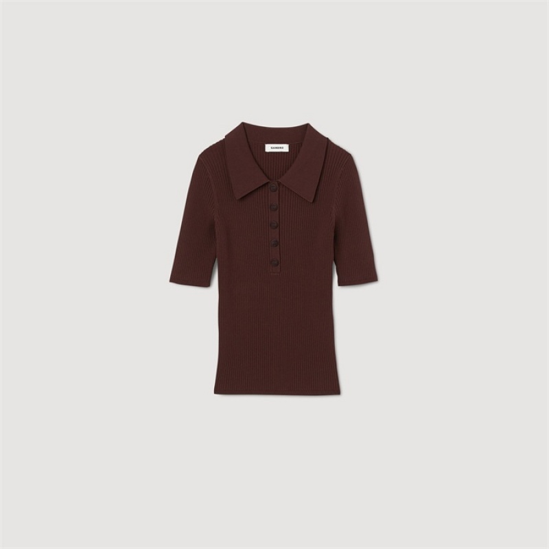 Sandro Short-sleeved polo neck sweater Bordeaux | SN-SDO64639