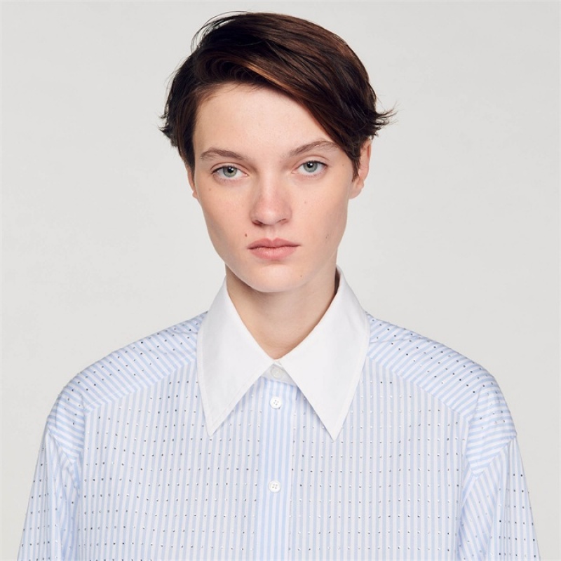 Sandro Stripy rhinestone shirt Sky Blue | SN-SDO64379