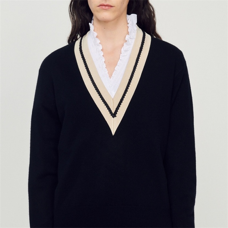 Sandro Sweater with contrasting V-neck Black | SN-SDO64625