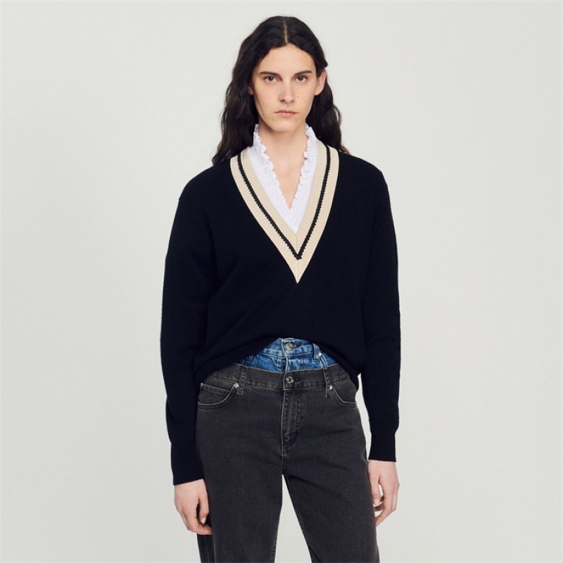 Sandro Sweater with contrasting V-neck Black | SN-SDO64625