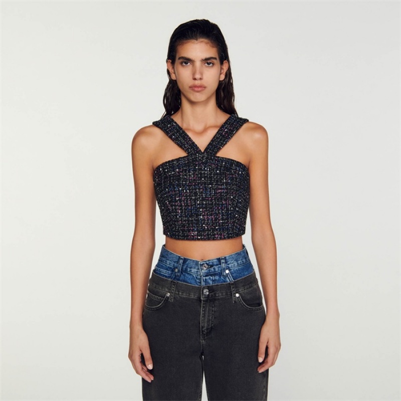 Sandro Tweed bustier top Blanc / Blue | SN-SDO64317