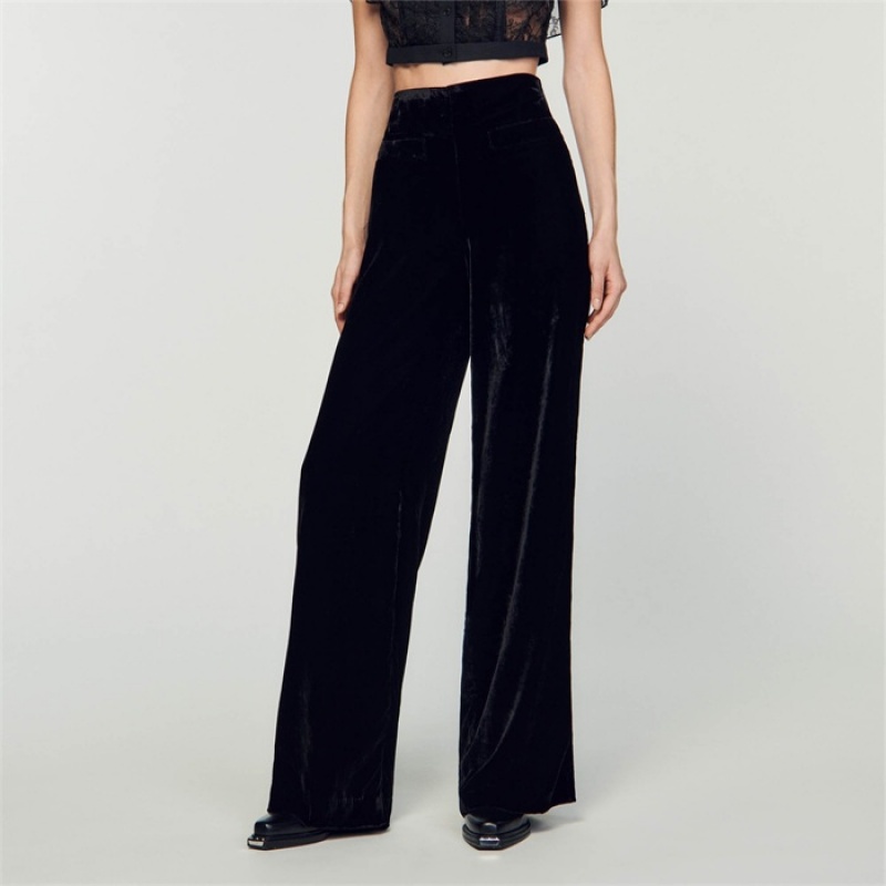 Sandro Wide-leg velvet pants Black | SN-SDO64792